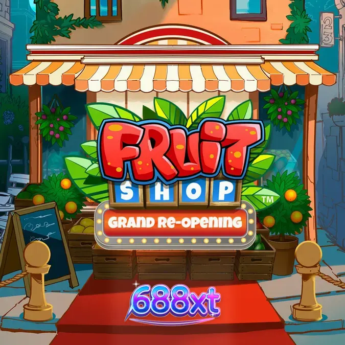 Interface vibrante do slot Fruit Shop Grand Re-Opening com símbolos de frutas clássicos.